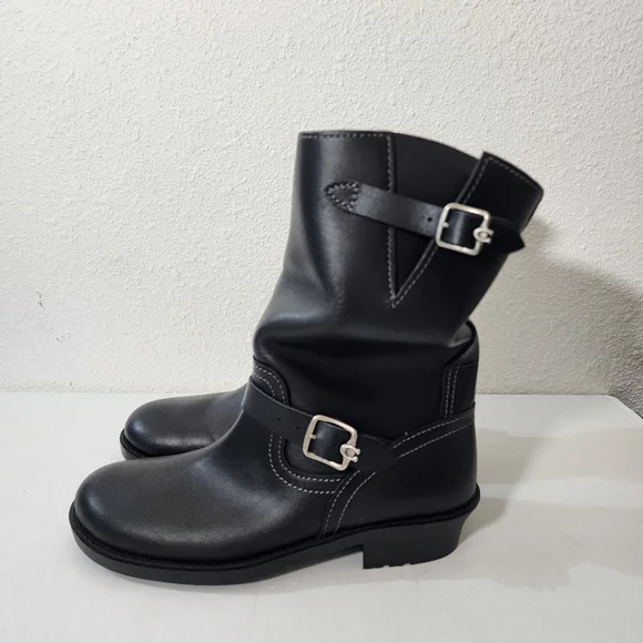 Coach Black Leather Engineer Moto Ankle Boots Buckle Straps Relaxed Slouchy 8 - Picture 3 of 12